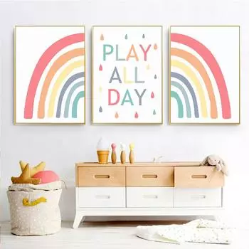 Красочные Радужные капли дождя, плакаты на весь день, печать на холсте, настенные художественные картины для детской комнаты, домашний декор для комнаты для девочек 21X30cm No Frame