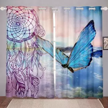 Красочные расписанные вручную элементы «Ловцы снов» со звездным небом Шторы для гостиной, кухни, спальни, оконные шторы для мальчиков и девочек W50xH130(CM)x2pcs&HOOK