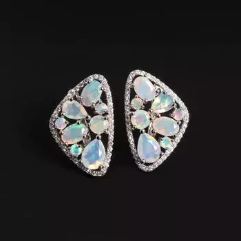 Красочные редкие серьги с натуральным опалом из камня в октябре. Таинственный элегантный женский подарок на юбилей и банкет, серебро S925 M белый