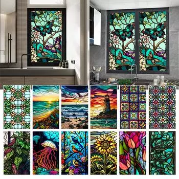 Красочные ретро-цветы, птицы, оконные пленки, ПВХ-наклейки на электростатическое стекло, витражные пленки, статическая пленка для матового стекла 45x100cm