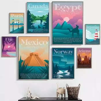 Красочные ретро туристические плакаты, скандинавский пейзаж, знаменитый город, печать на холсте, Египет, Париж, Мексика, Фиджи, Норвегия, настенная картина, домашний декор 21x30cm No Framed