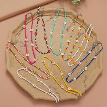 Красочные рисовые бусины, комплект мягкого керамического ожерелья, модное ожерелье в этническом стиле, ожерелье с маленьким цветком, женские ювелирные изделия
