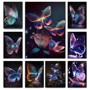 Красочные розовые фиолетовые бабочки постер абстрактные светящиеся крылья бабочки печать холст картина гостиная декор настенное искусство картины 21cm30cm NoFrame