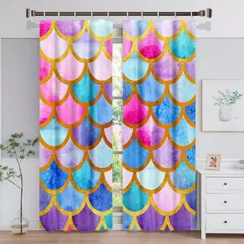 Красочные рыбья чешуя Девочка Ребенок Печать затемняющие шторы на окна для детей Гостиная Спальня Ванная Кухня Дверь Шкаф Крючки W50 X H130(CM)X2&Hook