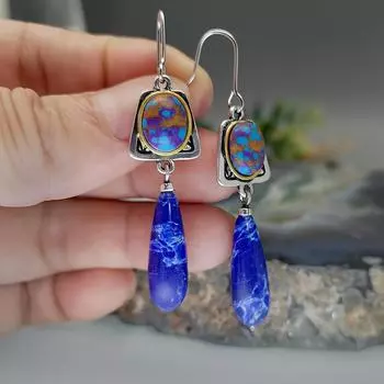 Красочные серьги-капельки в стиле бохо, подвеска в форме капли, богемные серьги-крючки, 1 пара синий