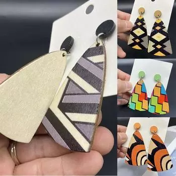 Красочные серьги-подвески Серьги деревянные преувеличенные богемные полосатые 7.2*3.7cm чёрный