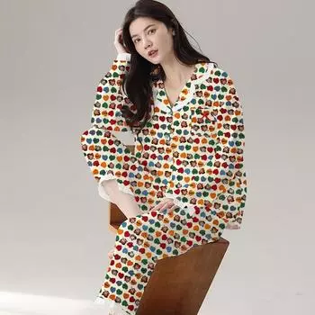 Красочные сердечки милые девушки мультяшный принт женские пижамы милые кружева ретро мода пижамы весна новые искусственный хлопок Lounges M