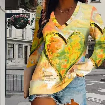 Красочные сердечки принт женские футболки женские топы с длинным рукавом V-образный вырез пуловер женские футболки футболка для женщин XS жёлтый