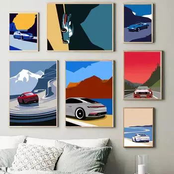 Красочные спортивные автомобили винтажное искусство автомобильное искусство гонки принты постеры холст картины мультфильм дети мальчик настенная картина домашний декор 21x30cm No Framed