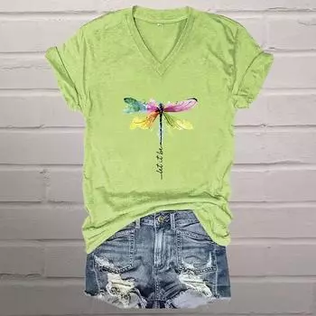Красочные стрекозы живопись блузки с коротким рукавом V-образный вырез футболки повседневные XS серый