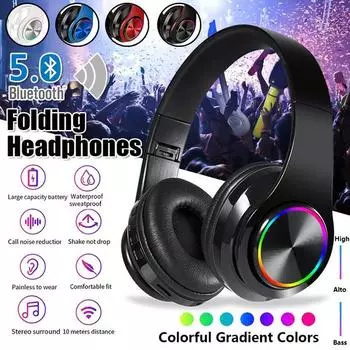 Красочные светодиодные складные беспроводные наушники Стерео Bluetooth 5.0 Гарнитура Heavy Bass 9D Стерео Hi-Fi Спортивные наушники-вкладыши с микрофоном