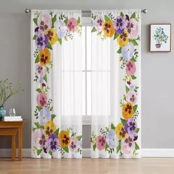 Красочные тюлевые прозрачные оконные шторы с цветами анютины глазки для гостиной, спальни, современные шифоновые вуали, тканевые шторы 135W x 114H(cm)