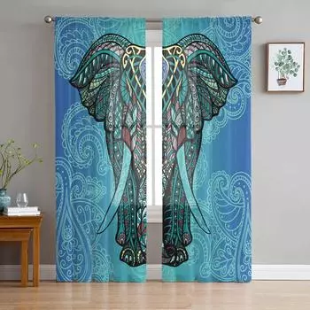 Красочные тюлевые занавески с рисунком слона и пейсли для гостиной, прозрачная вуаль из органзы, занавеска для спальни, кухни, домашний декор, драпировка W135 x H115cm x1