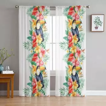 Красочные тюлевые занавески с туканом, джунглями и листвой для гостиной, прозрачные шторы с балдахином для кухни, спальни, оконные шторы 135W x 114H(cm)