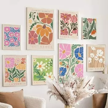 Красочные винтажные цветочный рынок, минимализм, настенное искусство, абстрактные постеры на скандинавскую тему, печатные изображения для декора гостиной, холст, живопись 21x30cm No Framed