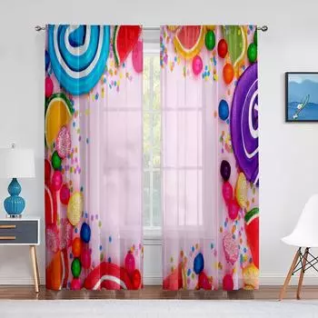 Красочные вкусные конфеты-леденцы, тюлевые занавески для гостиной, детской спальни, шифоновая прозрачная вуаль, кухонные оконные занавески 1 PCS W100XH250cm&Rod Pocket