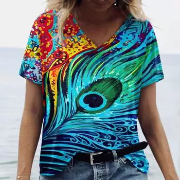 Красочные женские футболки с принтом павлиньих перьев, модная одежда с коротким рукавом, летний женский топ с V-образным вырезом, свободный повседневный женский S