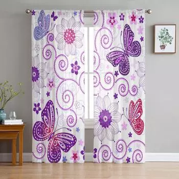 Красочные животные, бабочки, растения, цветы, тюлевые оконные шторы для гостиной, прозрачная вуаль из органзы, занавеска для спальни, кухни, домашний декор W135 x H115cm x1