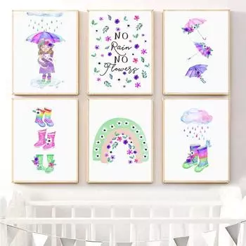 Красочный алфавит Радуга Облако Девушка Настенная живопись Холст Картина скандинавские постеры и принты настенные картины для детской комнаты Декор без рамки 21*30cm No Frame