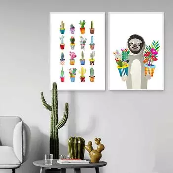 Красочный ботанический принт кактуса, детская настенная живопись, декор, ленивец, животное, растение, плакат, скандинавская настенная картина для гостиной 21cm30cm NoFrame