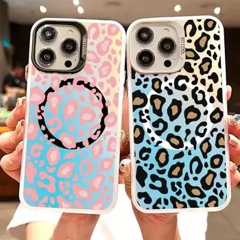 Красочный чехол для телефона Magsafe с магнитной беспроводной зарядкой для Iphone 15 14 Plus 13 12 Pro 11 с леопардовым принтом и мягкими краями, лазерная задняя крышка iphone 11 синий/коричневый