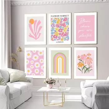 Красочный цветочный рынок Ботаническое настенное искусство Картина на холсте Скандинавская эстетика Постеры и принты Декор гостиной Картины 21x30cm No Framed