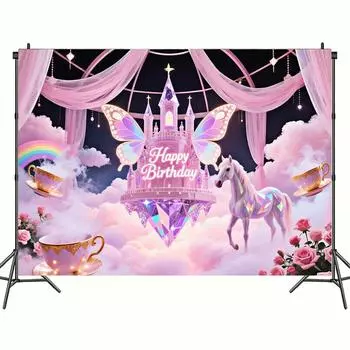 Красочный гобелен С Днем Рождения Шары Радуга Дети Девочка Украшение на День Рождения Баннер Детская Вечеринка Фон для Фото Реквизит 150*100cm/59*39in/5*3ft