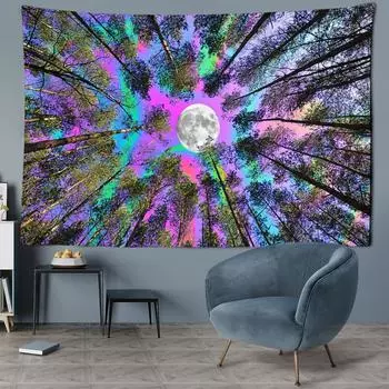 Красочный гобелен с лунным лесом, настенный гобелен, абстрактное колдовство, загадочная ночная сцена, спальня, гостиная, простой домашний декор 95x70CM