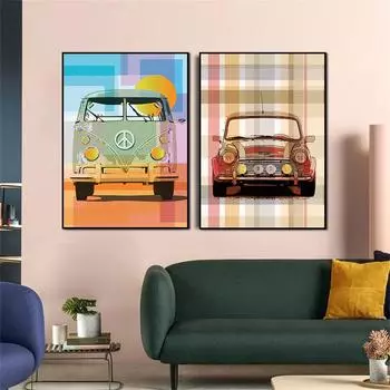 Красочный гоночный винтажный постер с автомобилем, печать на холсте, декоративная картина, настенная художественная картина для гостиной, украшение дома, без рамки 21*30cm