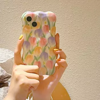 Красочный Ins Тюльпаны Цветок Волнистый Нескользящий Противоударный Милый Чехол Для Телефона Для Iphone 13 12 11 Promax 14 Pro Max Задняя Крышка Imd Capa For iphone 13promax