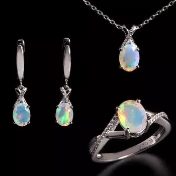 Красочный камень октября, драгоценный натуральный опал, кольцо, серьги, ожерелье, комплект ювелирных изделий, серебро S925, дизайн с каплями воды, женские ювелирные изделия US RING SIZE:6# серебряный