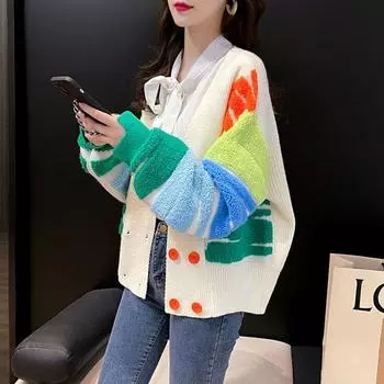 Красочный кардиган с вышивкой на полотенце, женский весенне-осенний вязаный свитер с длинными рукавами в весеннем стиле, женский вязаный свитер свободного дизайна
