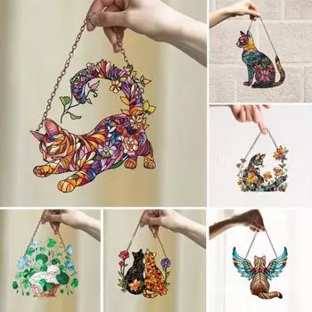 Красочный кот, подвесное украшение на окно, передняя дверь, настенный подвесной акриловый котенок, животное, орнамент, кулон, рождественский фестиваль, подарок 2