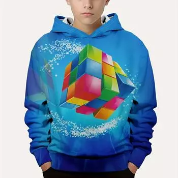 Красочный кубик-головоломка Кубик Рубика с 3d принтом, повседневный пуловер для мальчиков, толстовки с длинными рукавами, толстовка для мальчиков, весенне-осенние детские топы с капюшоном 100