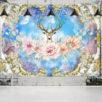 Красочный мультяшный гобелен с изображением лося и леса, настенный психоделический колдовство, хиппи, природный пейзаж, домашний декор, фоновая ткань 95x70cm