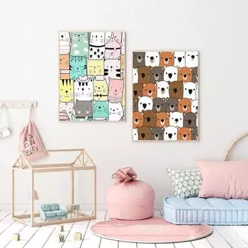 Красочный мультяшный милый кот, настенное искусство, детские картины на холсте для девочек, принты, картина с детским медведем, домашний декор для украшения гостиной 21cm30cm NoFrame