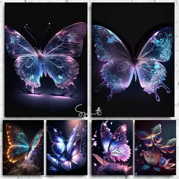 Красочный неоновый постер с бабочкой, печать на холсте, фантазия, прозрачная бабочка, Настенный декор, домашний декор для гостиной, эстетический 21x30cm No Frame