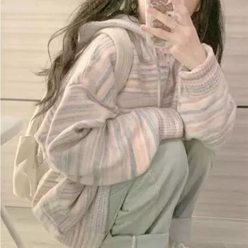 Красочный полосатый свитер в стиле пэчворк для женщин 2024 года, новый дизайн, ленивый стиль, женский вязаный кардиган, куртка, тренд One Size