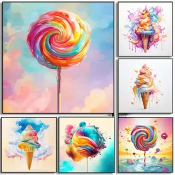 Красочный постер с мороженым, леденцом, кексом, современная еда, эстетическая картина на холсте, настенная художественная картина для комнаты, домашний декор для кухни 20x20cm No Framed