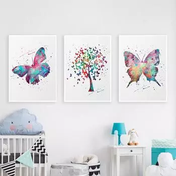 Красочный принт с изображением бабочки и дерева, холст, картина, милая детская настенная живопись для маленьких детей, скандинавский плакат для украшения спальни для девочек 21cm30cm NoFrame