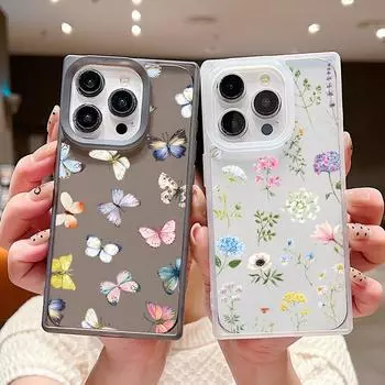 Красочный прозрачный квадратный чехол для телефона с рисунком бабочки и цветка для iPhone 16 Pro 15 14 Plus 13 12 Pro Max 11, ударопрочный мягкий тонкий матовый чехол из ТПУ iPhone 16 чёрный