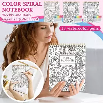 Красочный спиральный блокнот и ежедневник, красивый цветочный дизайн дневника, цветочные заметки раскраска, оснащен 15 маркерами 1 мл One Size