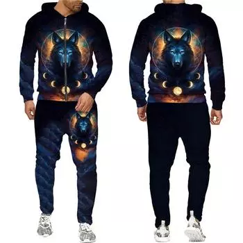 Красочный спортивный костюм с 3D принтом волка, крутая уличная одежда в стиле хип-хоп, толстовка с капюшоном на молнии, костюм для мужчин и женщин, повседневная толстовка с капюшоном, брюки, комплект для бега S