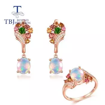 Красочный турмалин, опал, драгоценный камень, комплект ювелирных изделий, овальный 8*10 мм, стерлинговое серебро 925 пробы, серьги с застежкой, кольцо, изысканные украшения для женщин us ring size 6# белый