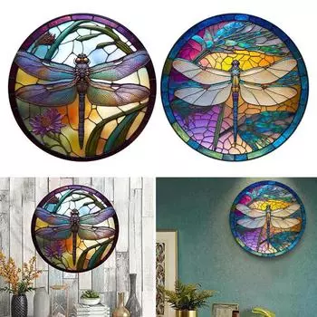 Красочный венок со стрекозой, акриловый круглый знак, винтажное искусственное стекло, передняя дверь, настенная подвесная тарелка со стрекозой, украшение для вечеринки 20cm D