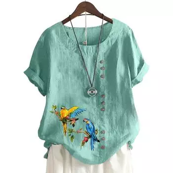 Красочный женский топ с короткими рукавами и круглым вырезом с принтом S озеро синий