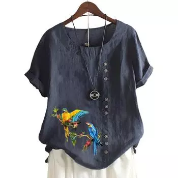 Красочный женский топ с короткими рукавами и круглым вырезом с принтом S озеро синий