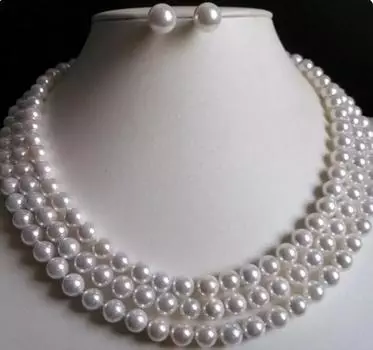 Красота, 3 ряда, 8 мм, белое круглое ожерелье с жемчугом и ракушками Южного моря, серьги, комплект 17–19 дюймов