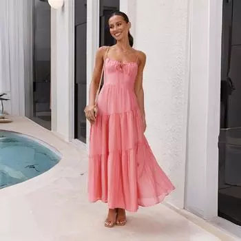 Красота Лоскутное Подтяжки Длинное Платье С Открытой Спиной Бретельками S розовый