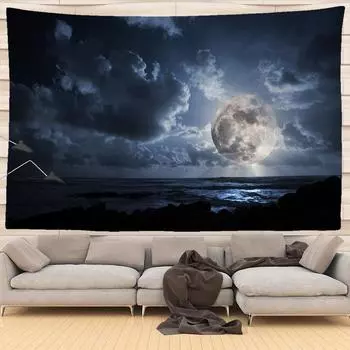 Красота Луна Ночной пейзаж Большой гобелен Настенный гобелен с принтом Домашнее украшение Гобелен Спальня Гобелен Гостиная Гобелен 100x75cm